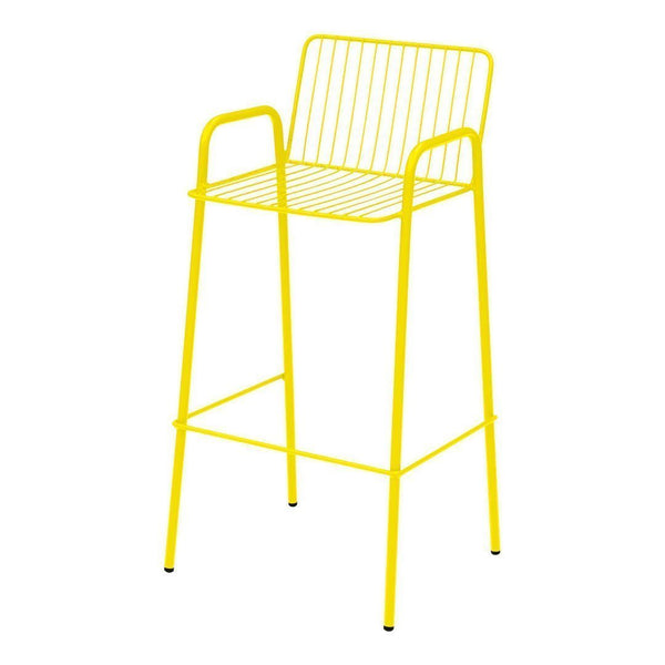 Bright yellow metal bar stool with a sleek, open pattern and minimalist design. Ideal for modern spaces.