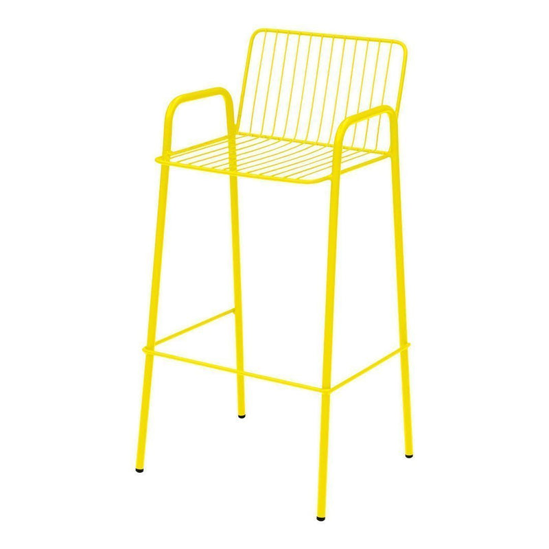 Bright yellow metal bar stool with a sleek, open pattern and minimalist design. Ideal for modern spaces.