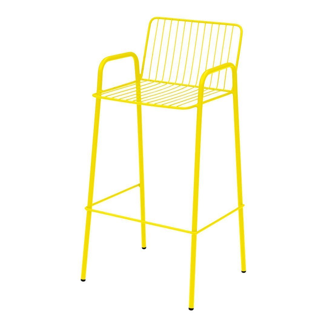 Bright yellow metal bar stool with a sleek, wire design and minimalistic patterns. Ideal for modern decor.