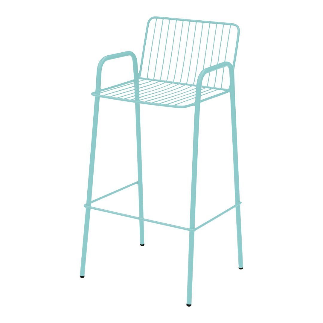 Aqua blue metal bar stool with a sleek, minimalist design and vertical wire pattern. Ideal for modern decor.