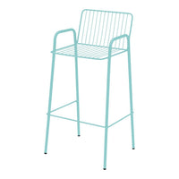 Aqua blue metal bar stool with a sleek, minimalist design and vertical wire pattern. Ideal for modern decor.