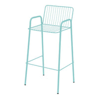 Turquoise metal bar stool with a sleek wire design and minimalist style. Perfect for modern decor.