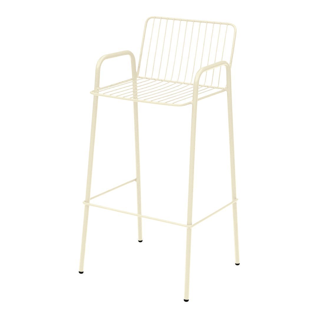 Cream-colored metal bar stool with a simple wire design and sleek legs. Perfect for modern interiors.