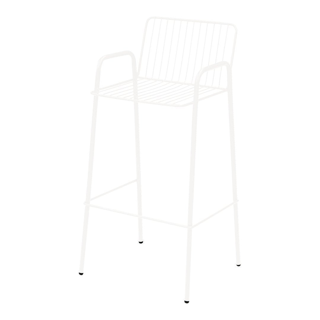 White wire bar stool with a minimalist design and horizontal slat pattern. Perfect for modern decor.