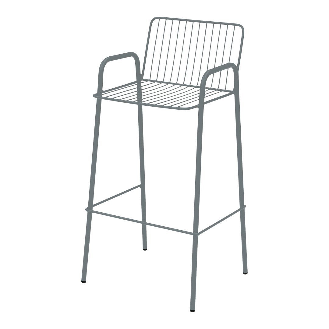Gray metal bar stool with a minimalist design featuring vertical slats and rounded armrests. Ideal for modern decor.