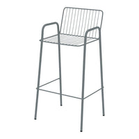 Gray metal bar stool with a minimalist design featuring vertical slats and rounded armrests. Ideal for modern decor.