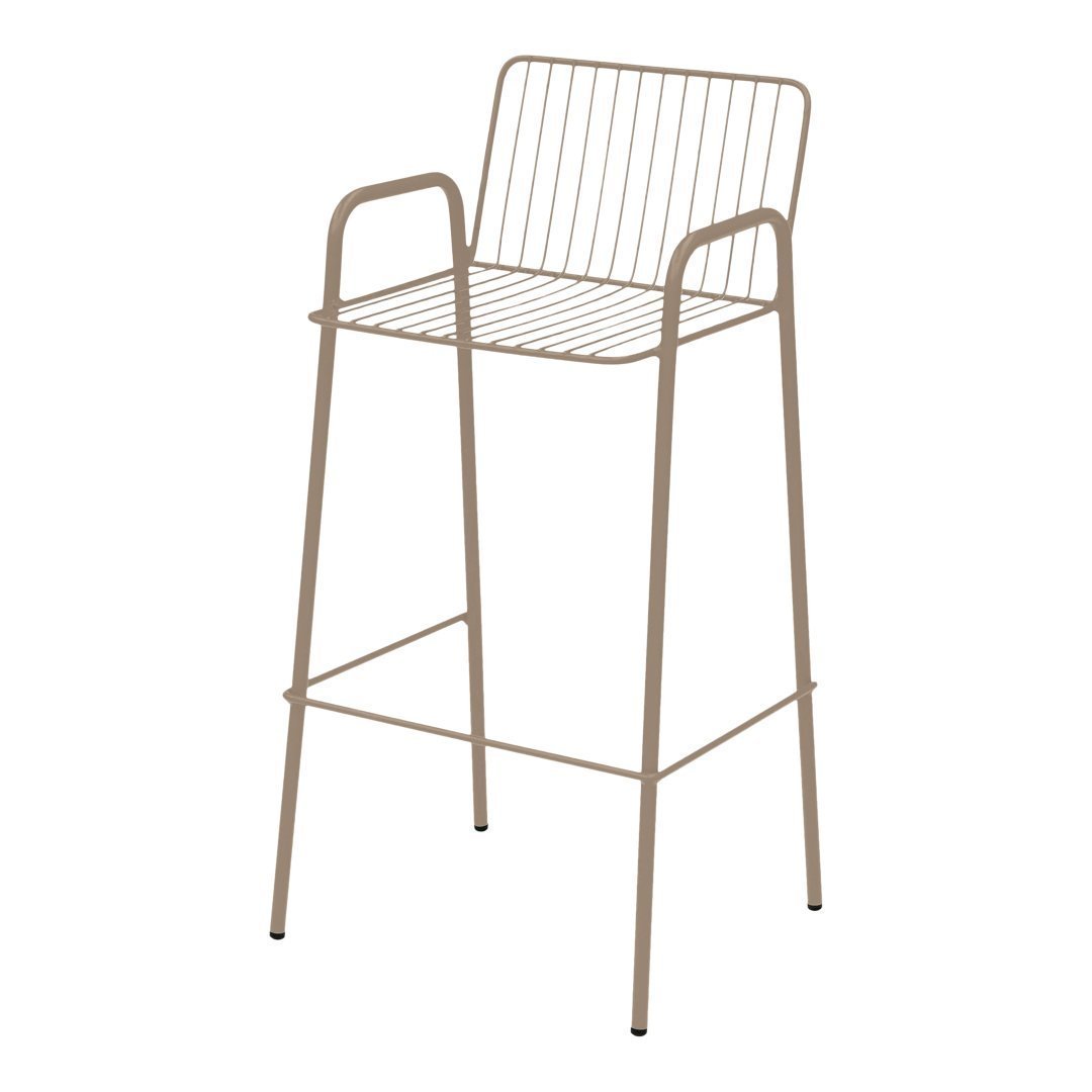 Beige wire bar stool with a minimalistic design and open slat pattern, perfect for modern decor.