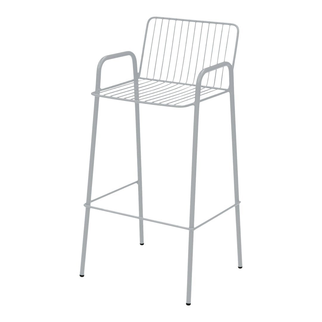 Sleek grey metal bar stool with a minimalist wire design and open backrest for modern decor.