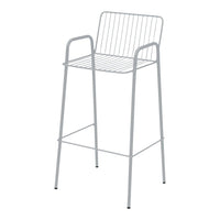 Sleek grey metal bar stool with a minimalist wire design and open backrest for modern decor.