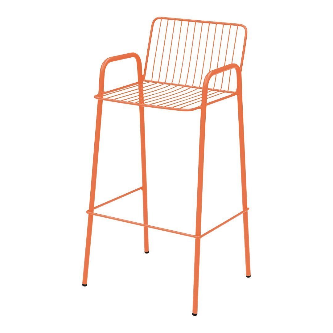 Bright orange metal bar stool with a modern, minimalist design and vertical line pattern. Perfect for vibrant decor.