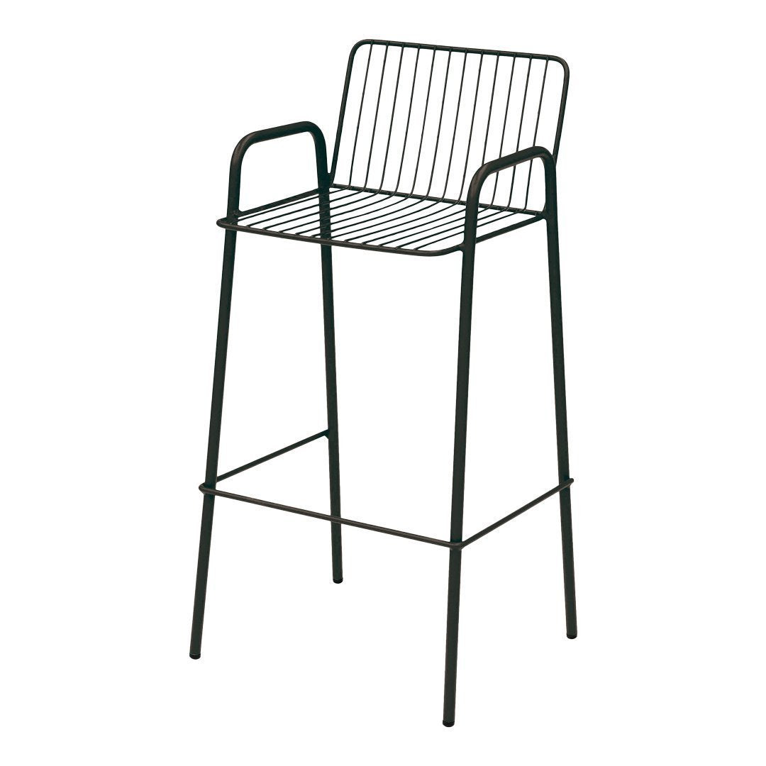Black wire bar stool with minimalist vertical line design, offering a modern and sleek look for any space.