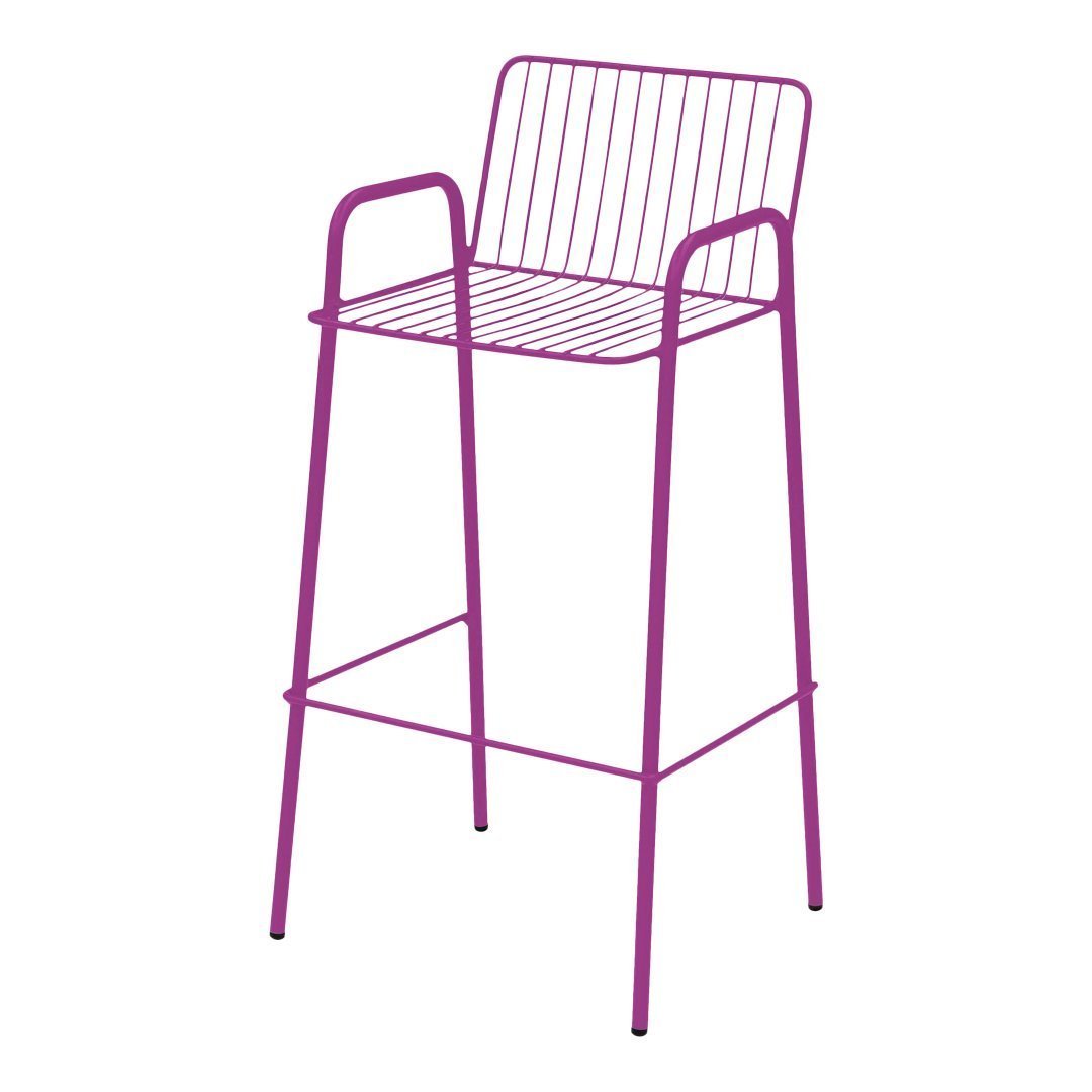Fuchsia wire bar stool with a sleek modern design and open slat pattern for stylish seating.