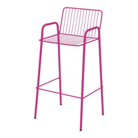 Bright pink metal bar stool with a sleek, minimalist wire design and straight legs. Perfect for modern decor.