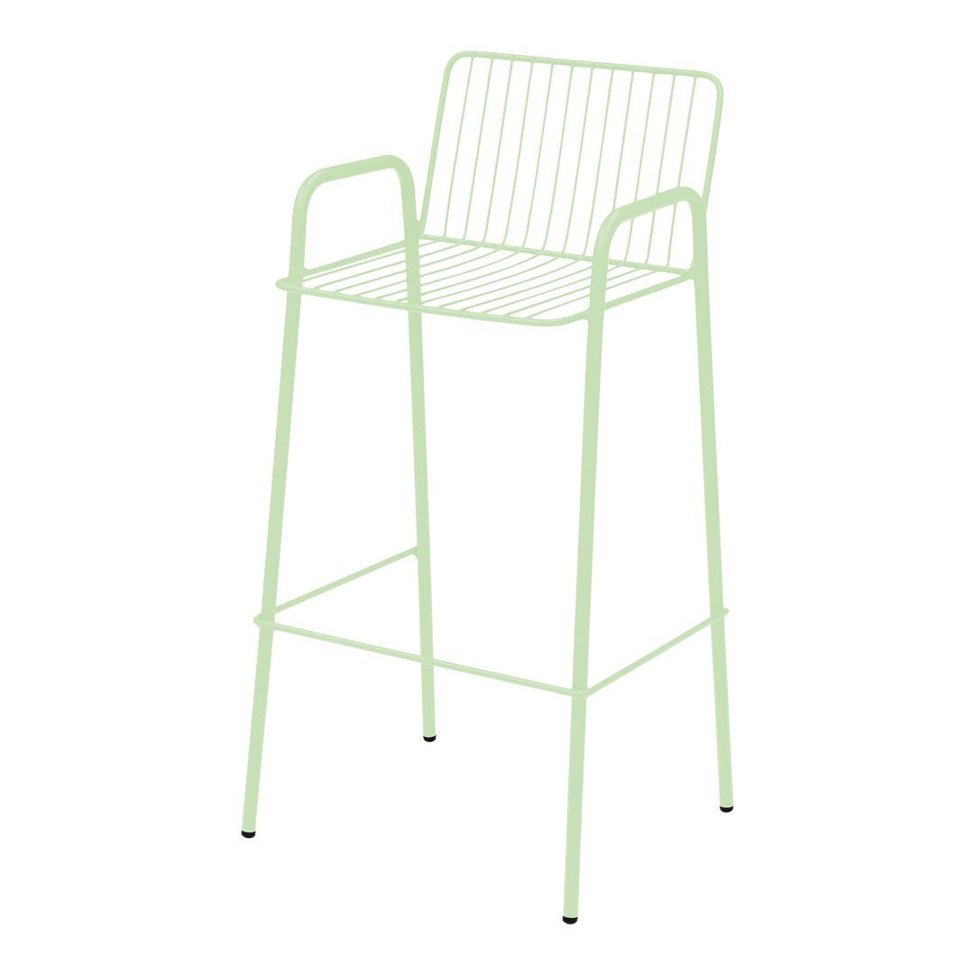 Light green metal bar stool with a minimalist wire design and sleek, open-back structure. Ideal for modern spaces.