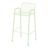 Light green metal bar stool with a minimalist wire design and sleek, open-back structure. Ideal for modern spaces.