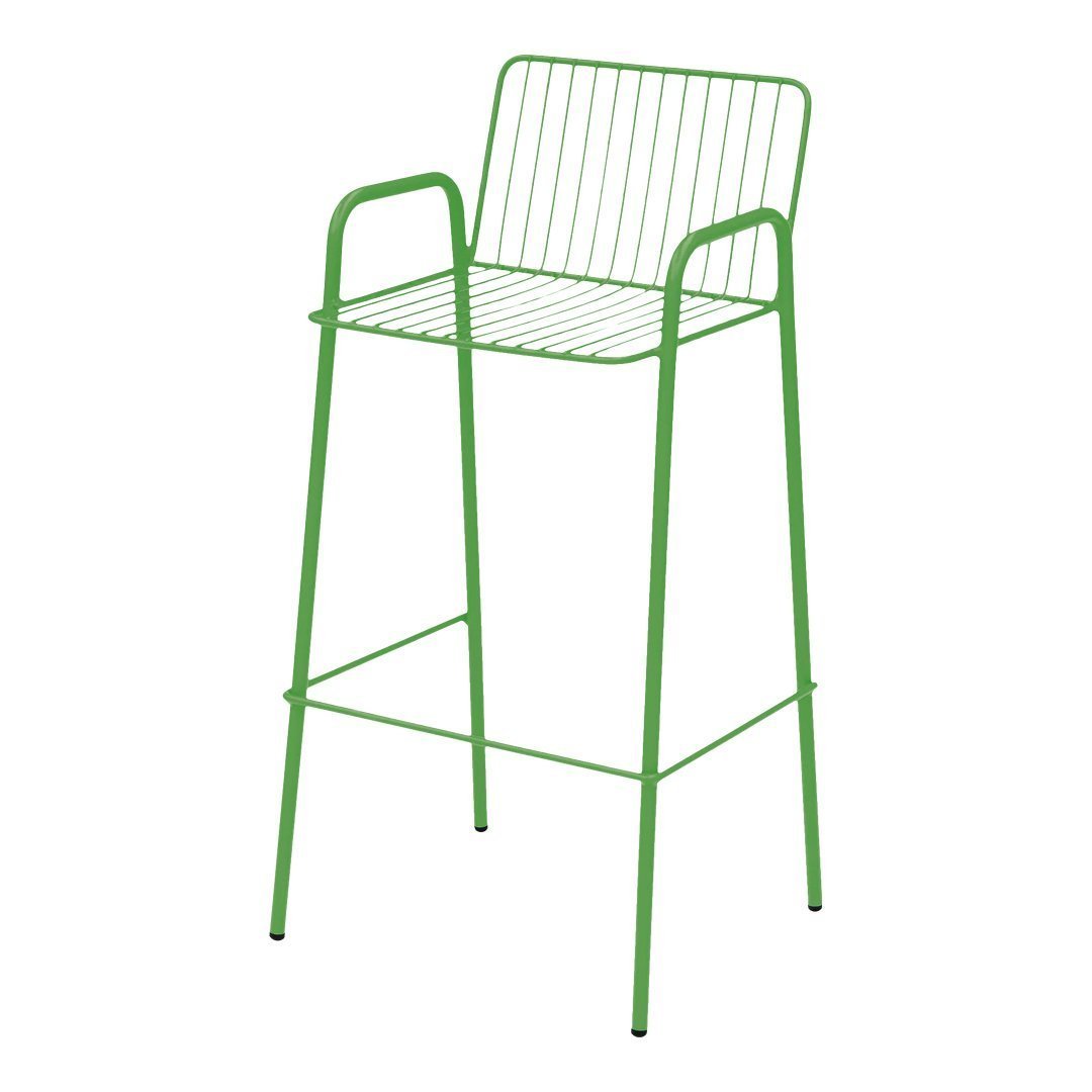Vibrant green metal bar stool with a minimalist wire design, ideal for modern decor.