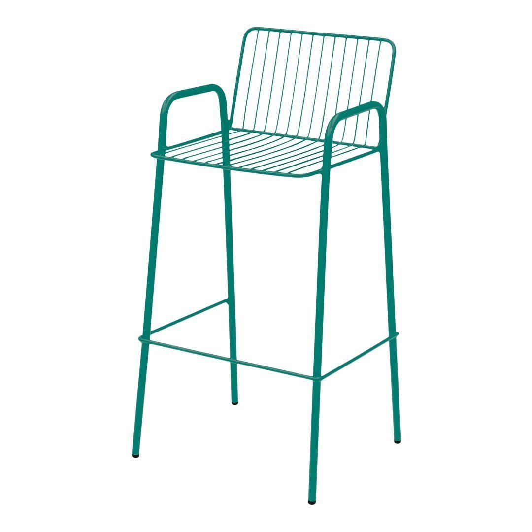 Turquoise high bar stool with a sleek, modern wire design and minimalist lines. Perfect for contemporary spaces.