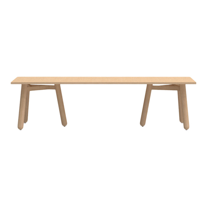 Natural wood bench with a light beige finish and minimalist design, showcasing smooth surfaces and angled legs.