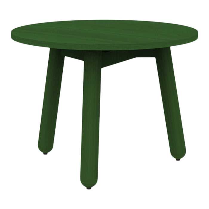 Green round table with a smooth finish and sturdy, tapered legs. Ideal for modern decor.