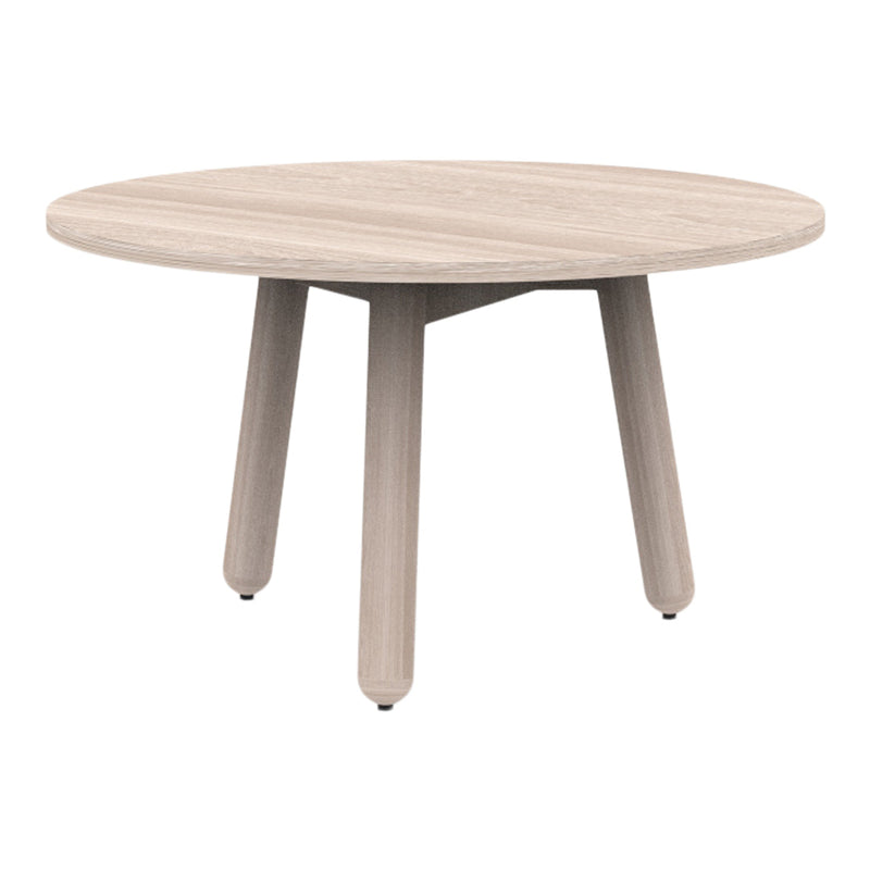 Round light wood table with a smooth finish and natural grain pattern. Ideal for modern and minimalist spaces.