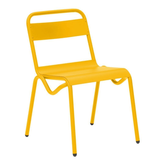 Bright yellow metal chair with a sleek, minimalist design and smooth finishes. Perfect for modern spaces.