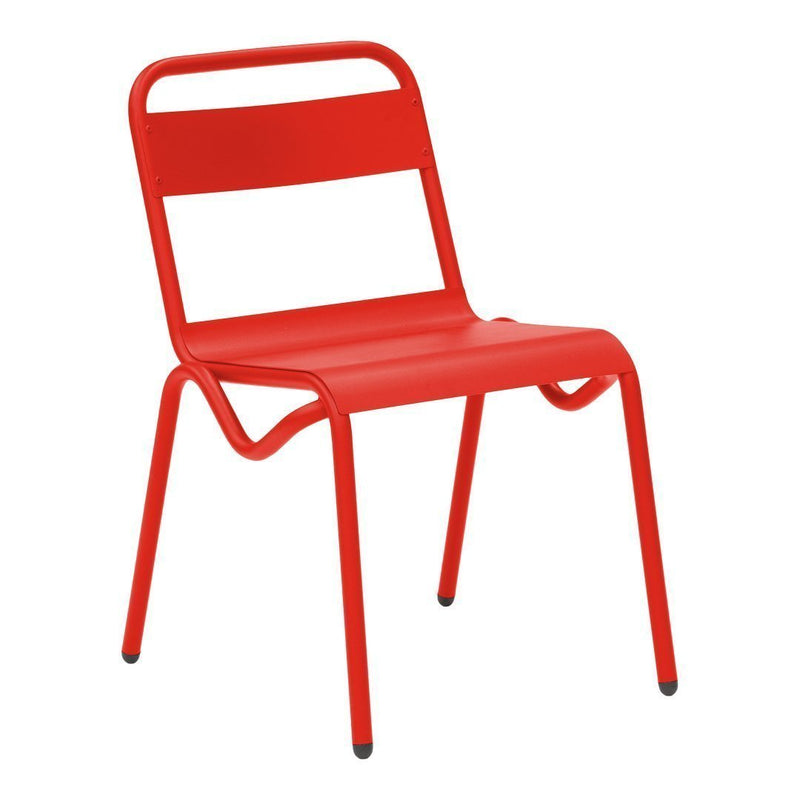 Bright red metal chair with a sleek, minimalist design and smooth, matte finish. Perfect for modern decor.