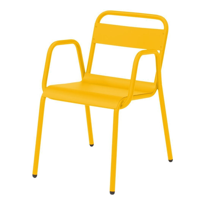 Bright yellow metal chair with a sleek design and smooth finish, featuring minimalist arms and a solid backrest.