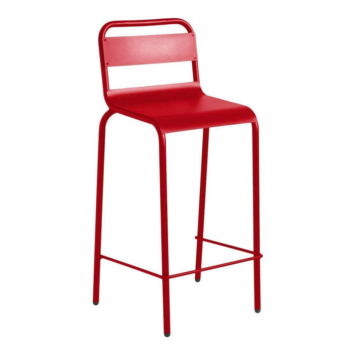 Red metal bar stool with a sleek design and simple horizontal pattern on the backrest. Ideal for modern spaces.