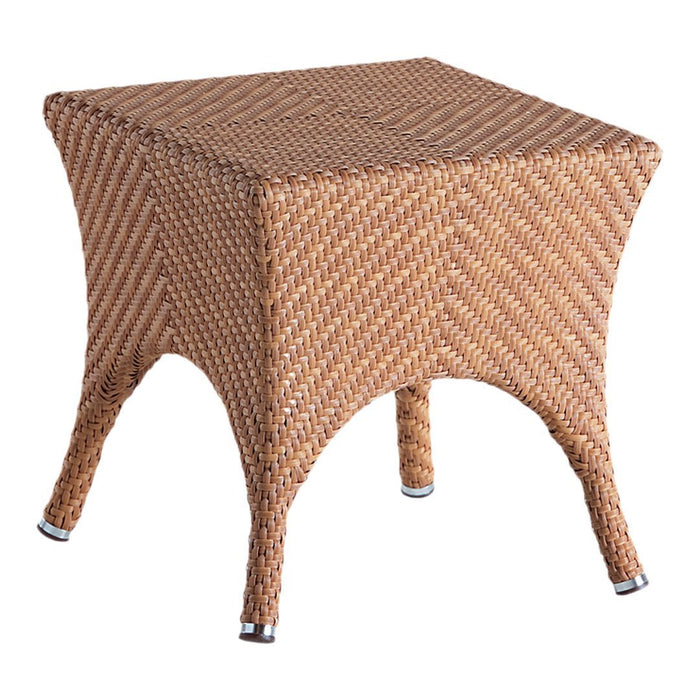 Brown woven solar rattan side table with a textured pattern and sleek silver feet, perfect for outdoor spaces.