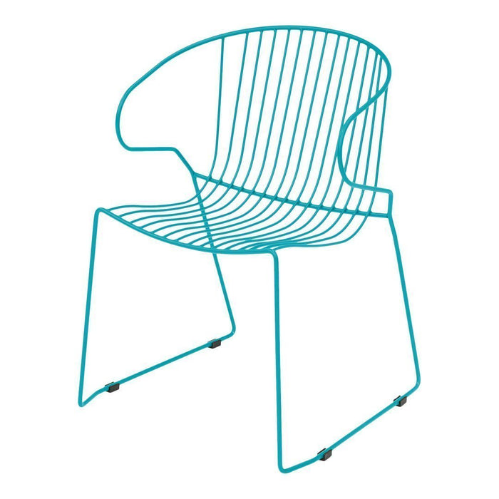 Teal wire dining chair with sleek, minimalistic lines and modern design perfect for contemporary interiors.
