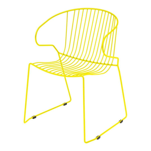 Bright yellow wire chair with modern striped pattern, perfect for adding a pop of color to any space.