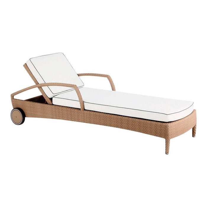 White padded lounger with light wood frame and contrasting dark trim, perfect for outdoor relaxation.