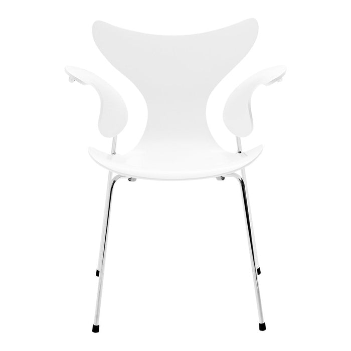 White chair with a sleek, modern design featuring smooth curves and chrome legs, perfect for contemporary decor.