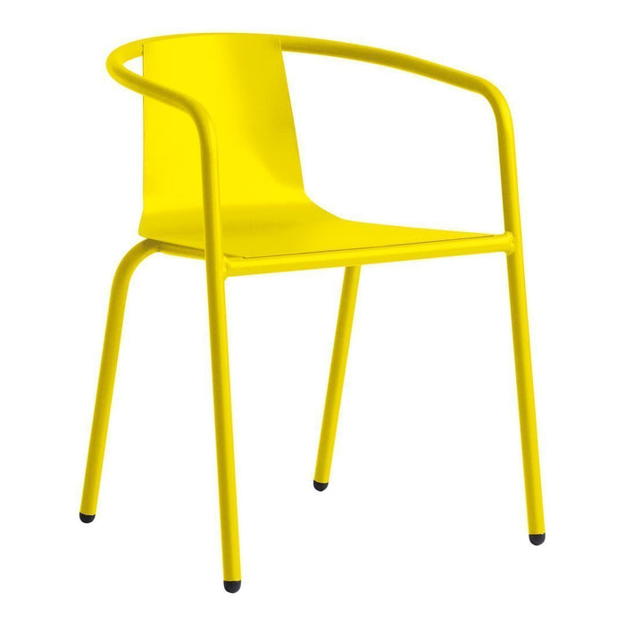 Bright yellow modern chair with a minimalist design and smooth, curved lines. Perfect for vibrant decor.