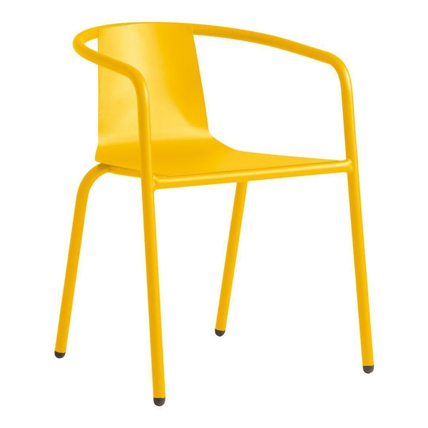 Bright yellow modern chair with a sleek design and curved armrests, perfect for adding a pop of color to any space.