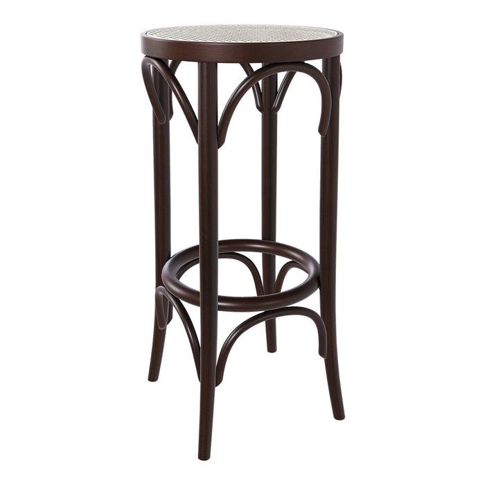 Brown metal bar stool with elegant curved design and round, patterned seat. Ideal for modern or vintage decor.