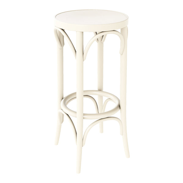 Cream-colored round stool with intricate arch patterns and a sleek, minimalist design. Perfect for modern decor.