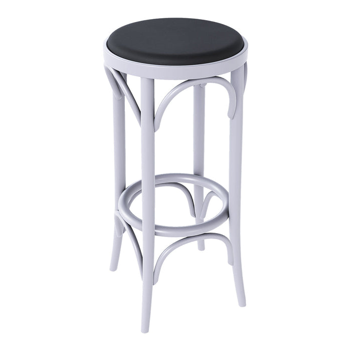 Black padded seat with a sleek white wooden frame featuring smooth, curved lines and an elegant design.