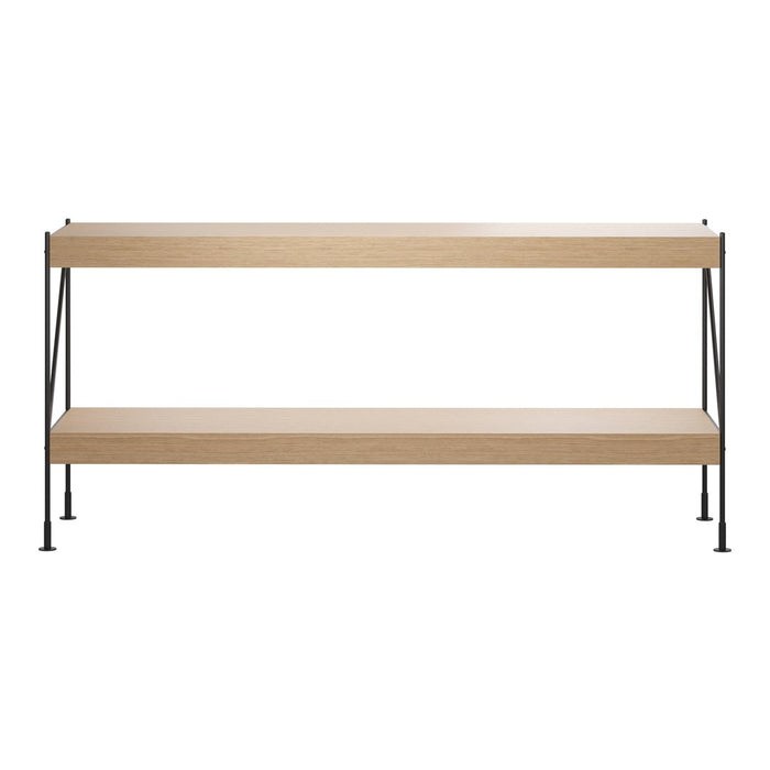 Light wood shelves with a natural finish and sleek black metal frame. Modern and minimalistic design.