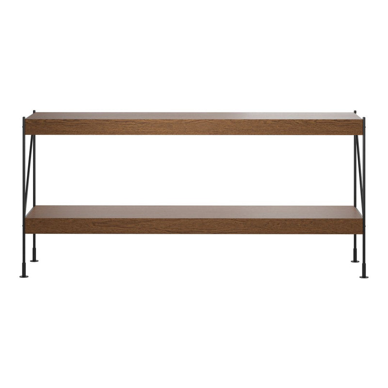 Brown wood shelves with sleek black metal frame, minimalist design for modern interiors.