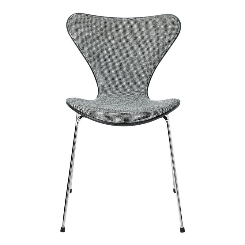 Gray upholstered chair with a smooth, curved design and chrome legs. Ideal for modern decor and minimalist style.