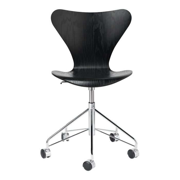 Black wooden chair with a sleek butterfly design and chrome base, featuring smooth curves and a minimalist aesthetic.