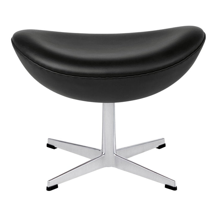 Black leather stool with a sleek, curved design and a shiny silver base, perfect for modern decor.