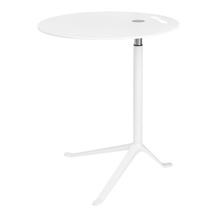 White round table with a sleek, minimalist design and a modern steel accent on the base. Perfect for any decor.