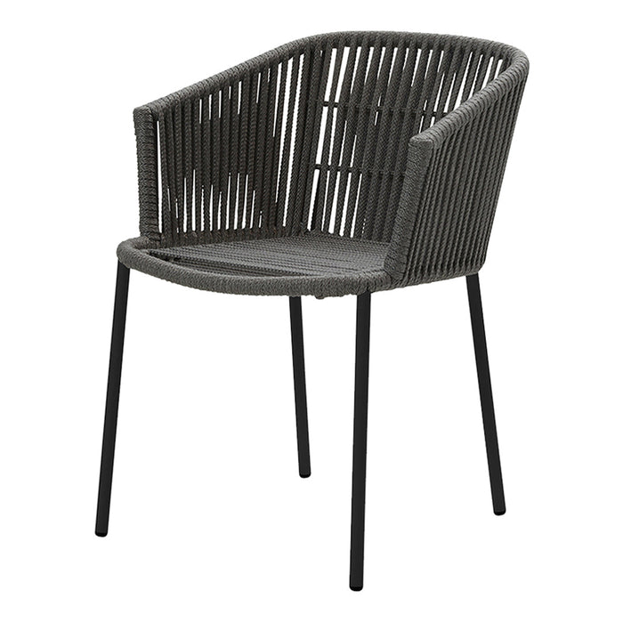 Stylish gray woven chair with a minimalist design, featuring a sleek black metal frame and unique striped pattern.