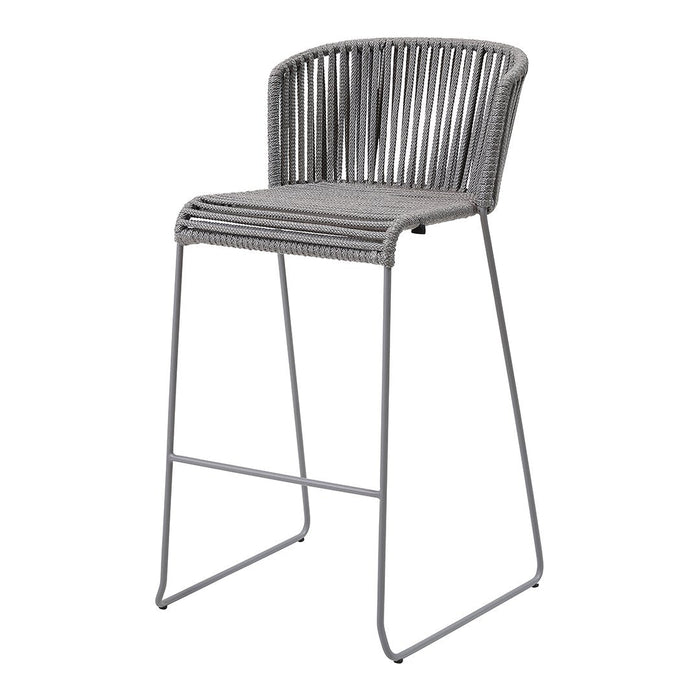 Stylish gray bar stool with a modern ribbed design and sleek metal frame, perfect for contemporary spaces.
