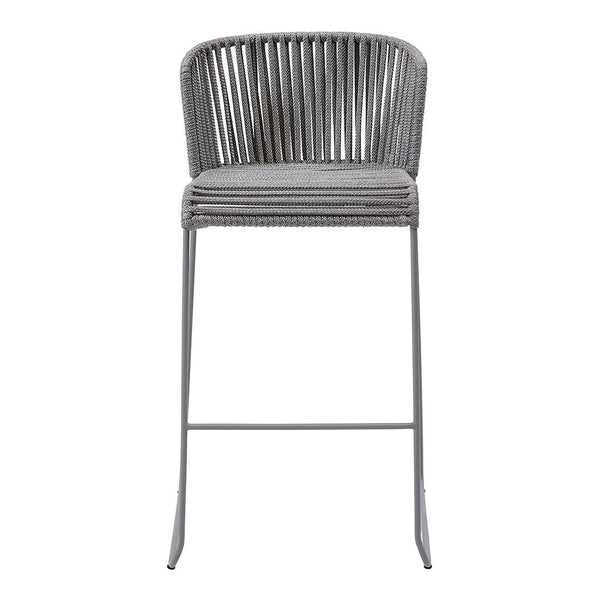 Gray woven bar stool with a sleek, modern design and vertical striped pattern, complementing contemporary decor.