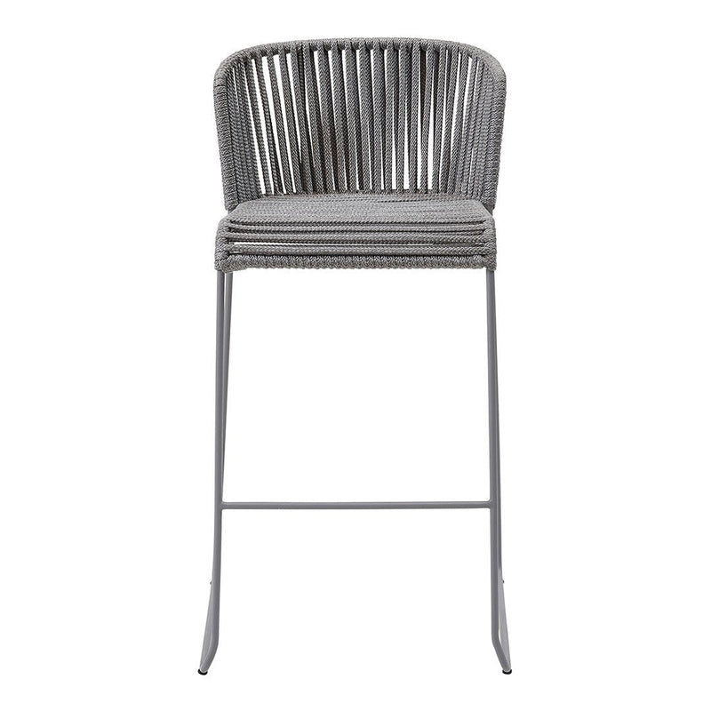 Gray woven bar stool with a sleek, modern design and vertical striped pattern, complementing contemporary decor.