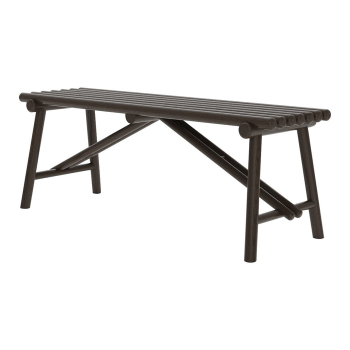 Dark brown wooden bench with slatted top and an angled frame for added stability. Ideal for versatile indoor or outdoor use.