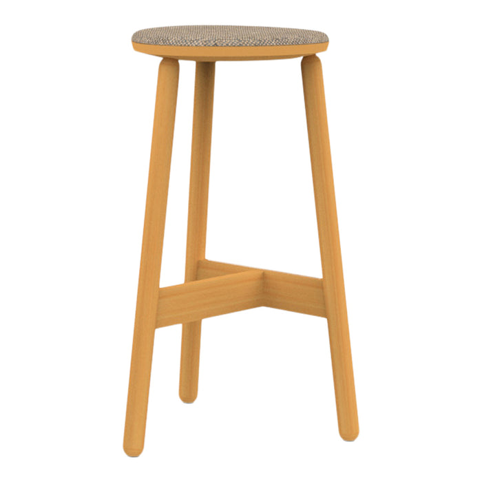 Natural wood stool with a beige patterned seat, showcasing a modern, minimalist design.